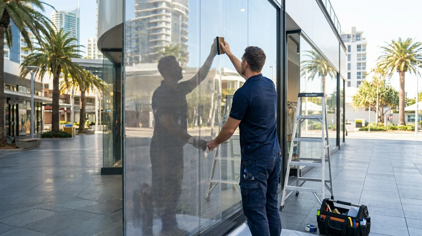 Installer applying transparent LED film to a Gold Coast shopfront window
