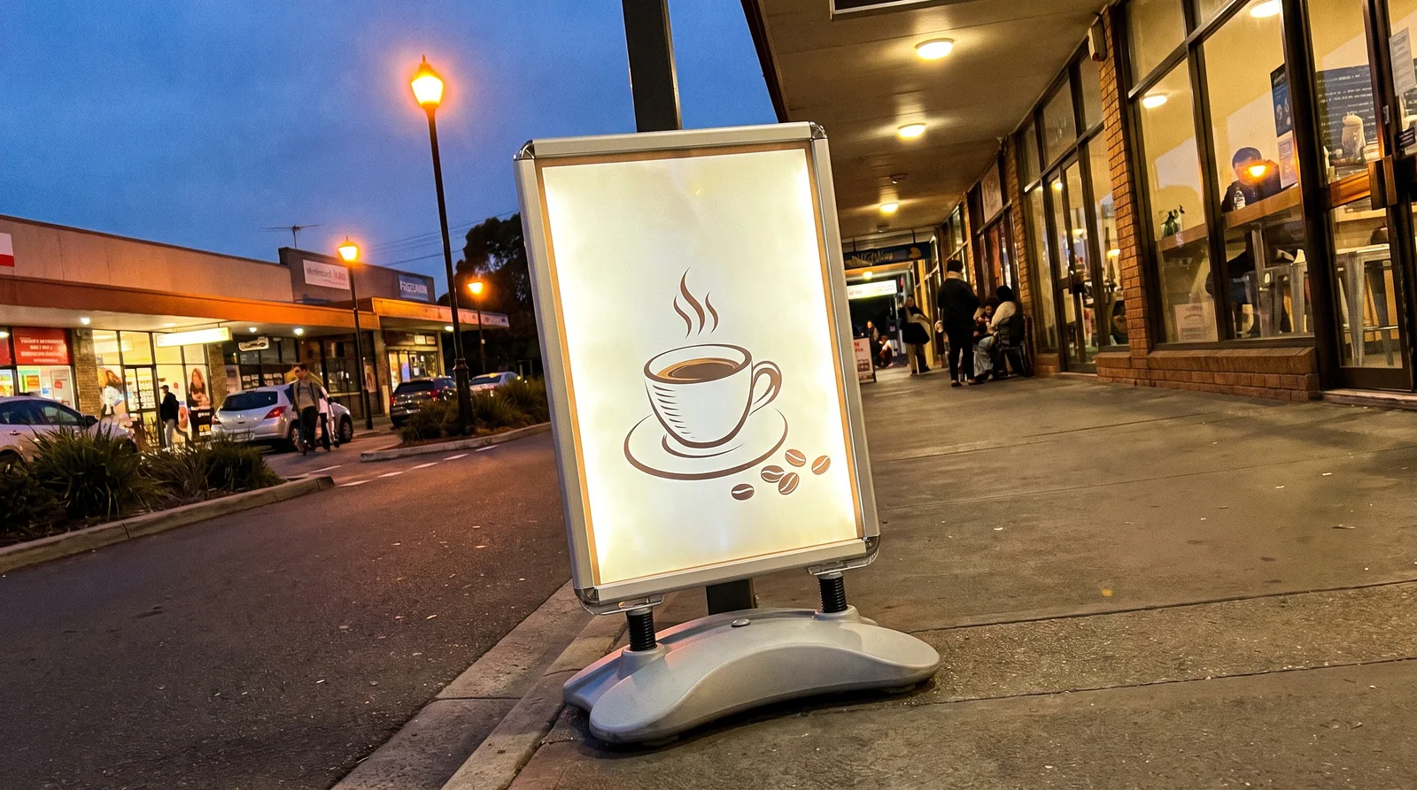 Illuminated LED A-frame board outside a coffee shop