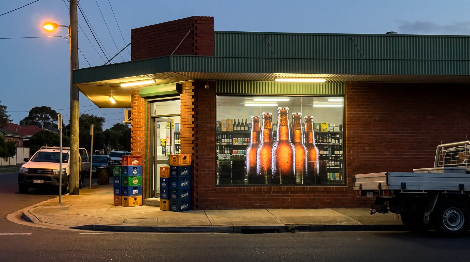 Independent bottle shop window playing a glowing craft beer display on a transparent screen