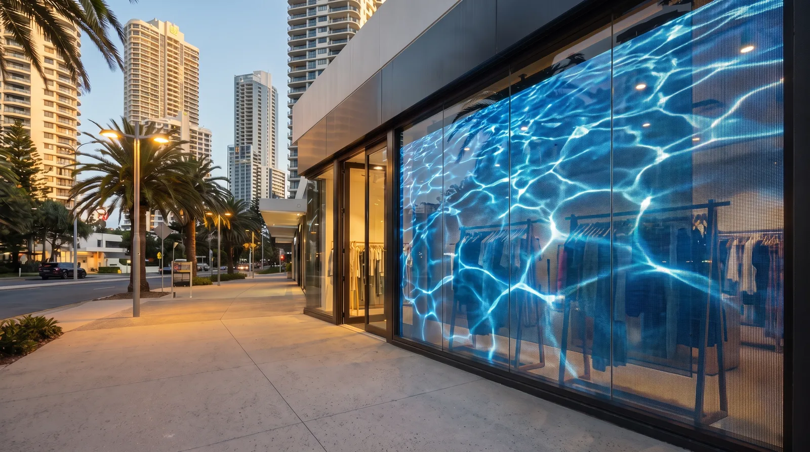 Boutique window playing ambient ocean content on a transparent screen