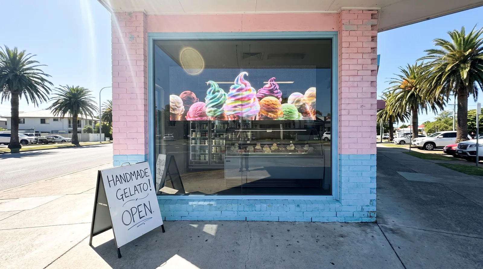 Ice cream shop window with colourful gelato content on a transparent LED screen