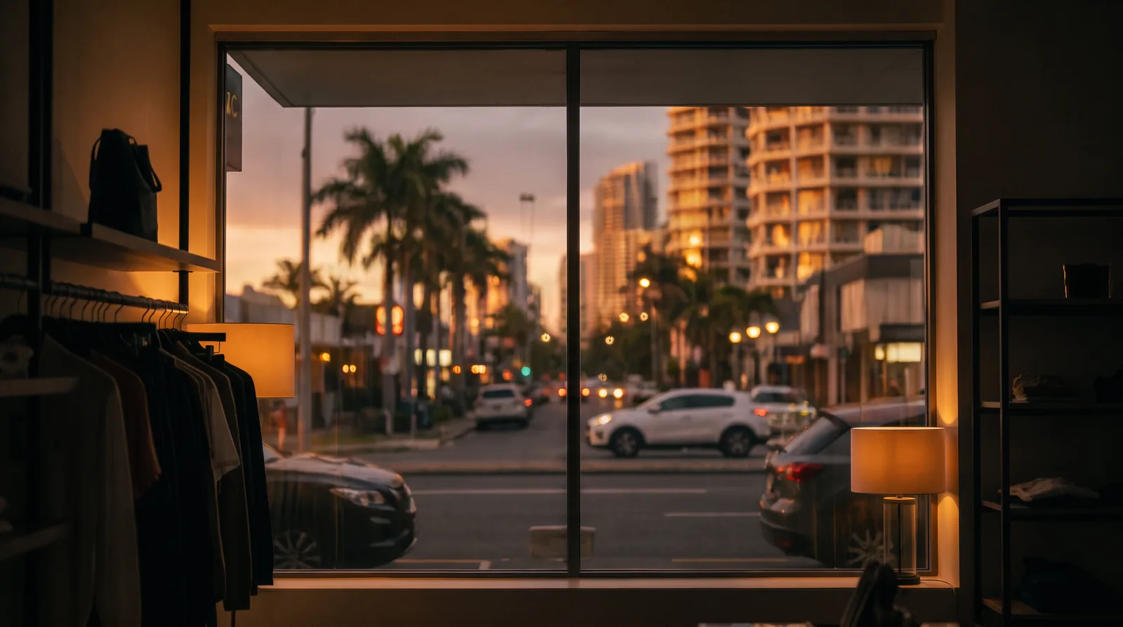 View from inside a store through the transparent screen, street fully visible