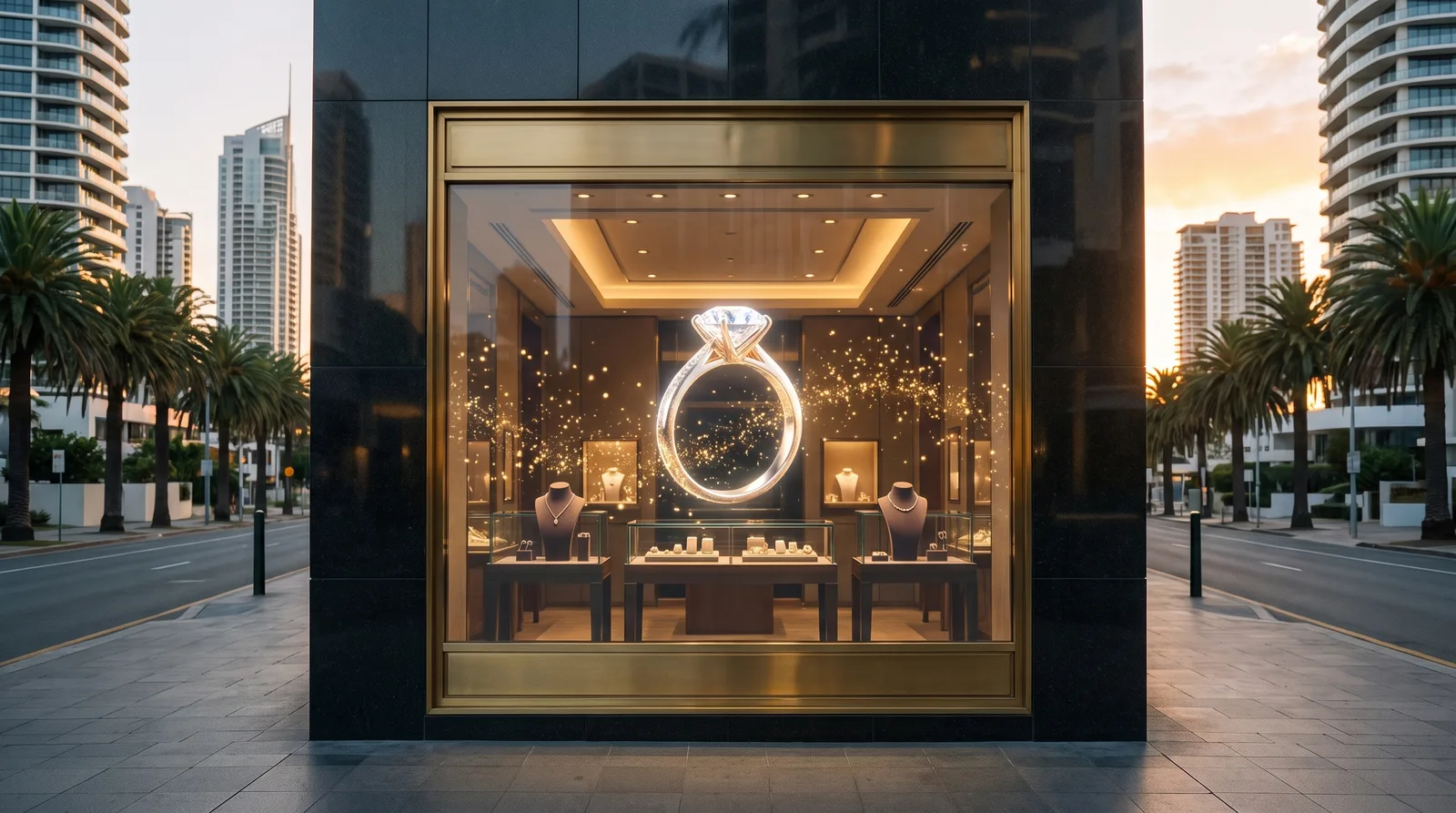 Transparent LED screen on a jewellery store window playing a sparkling diamond ring animation