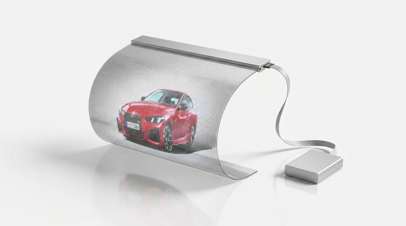 Transparent LED film flexed on its side with its slim controller unit