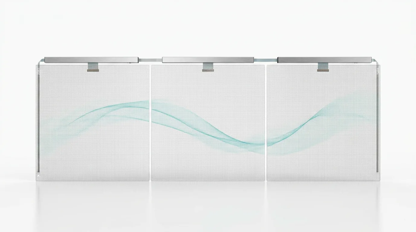 Three transparent LED panels joined edge to edge forming one continuous screen